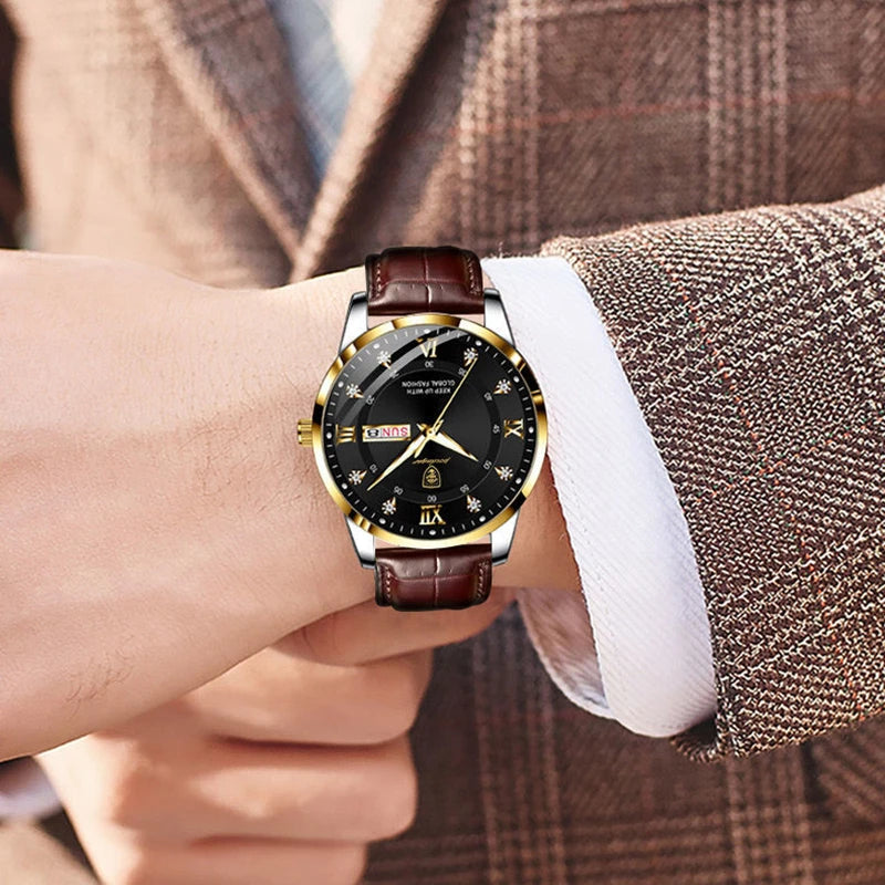 Relógio de pulso de quartzo de couro impermeável masculino super luxo